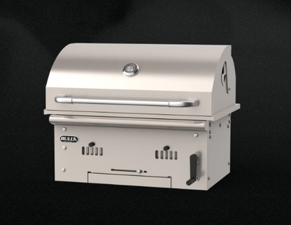 Bull Bison Premium Drop-In Charcoal Grill shown closed, highlighting its 14-gauge 304 stainless steel construction and built-in outdoor kitchen design.