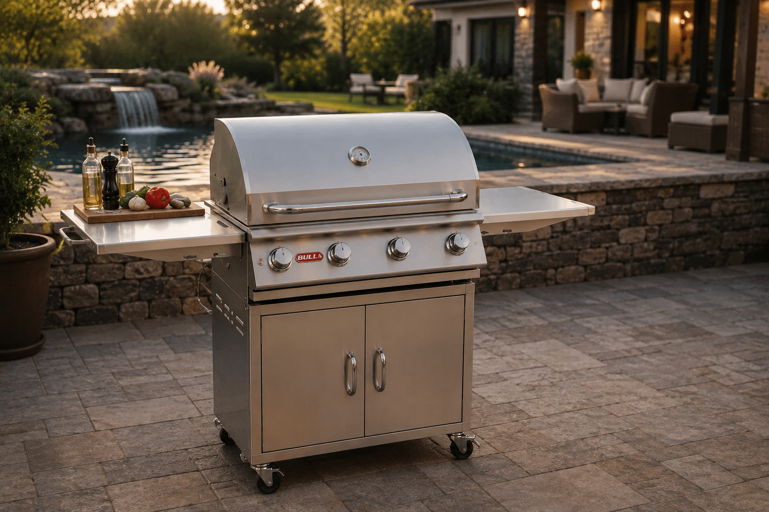 Bull Outlaw 30-inch stainless steel gas grill cart on luxury poolside patio