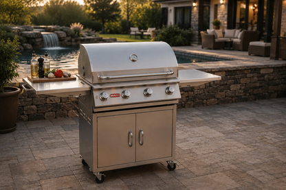 Bull Outlaw 30-inch stainless steel gas grill cart on luxury poolside patio