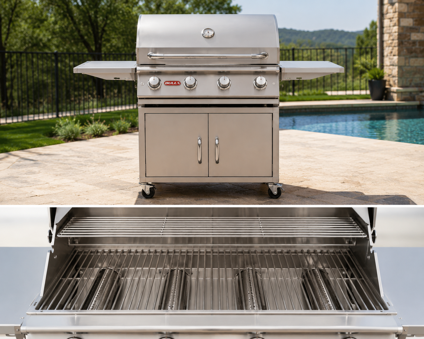 Bull Outlaw 30-inch gas grill cart with stainless steel cooking grate interior