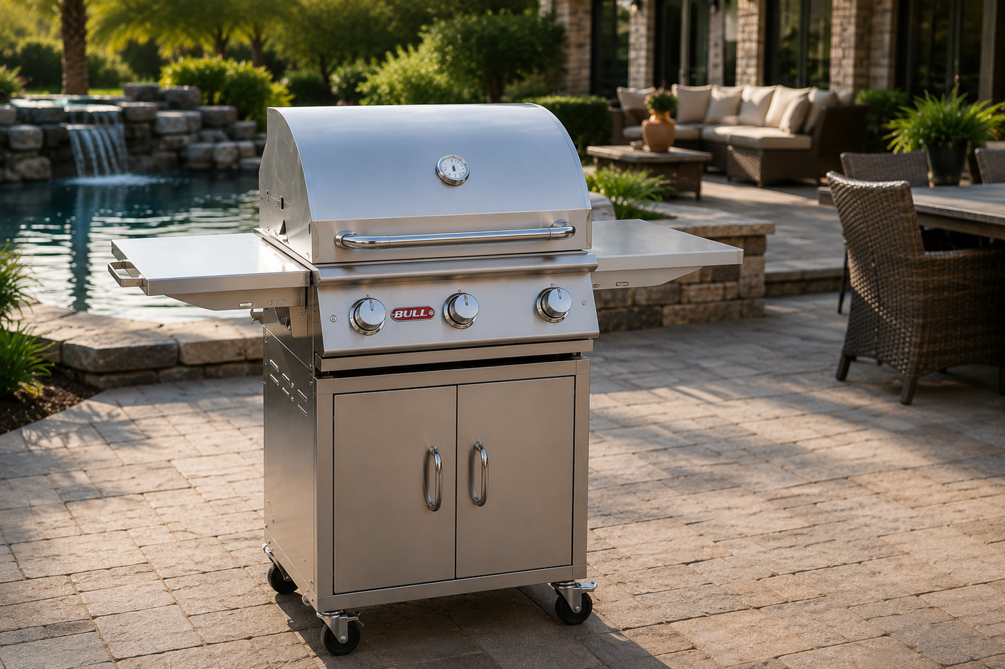 BULL Steer 24-inch 3-burner stainless steel cart grill on a luxury backyard patio beside a swimming pool and outdoor seating.
