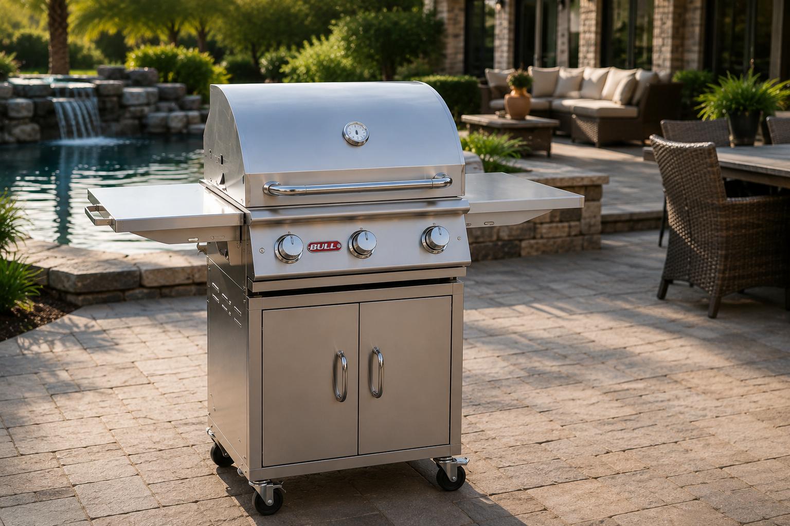 BULL Steer 24-inch 3-burner stainless steel cart grill on a luxury backyard patio beside a swimming pool and outdoor seating.
