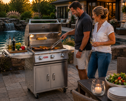 BULL Steer 24-inch cart grill with three burners in an upscale outdoor patio setting with people grilling beside a swimming pool.