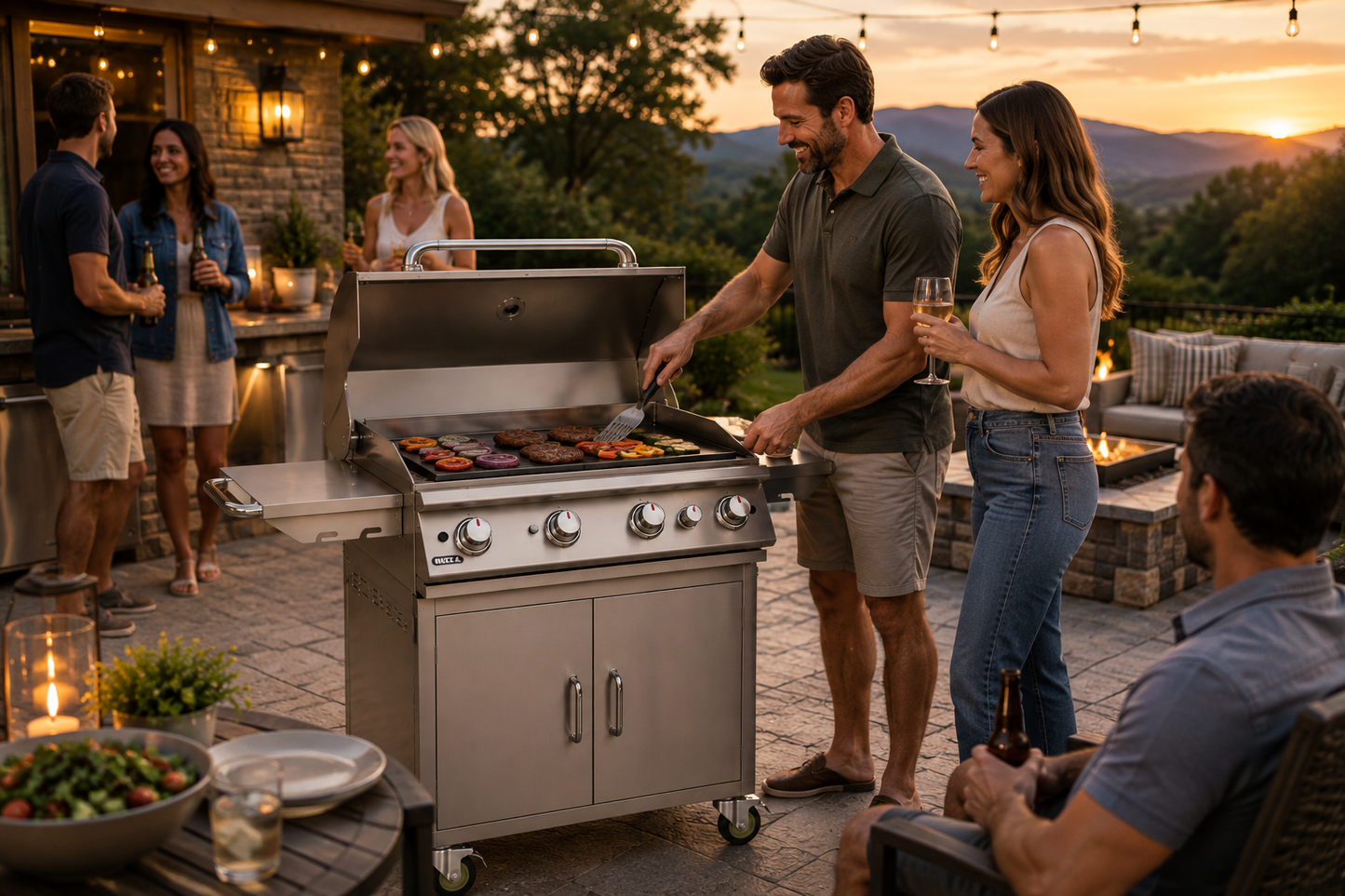 Bull 30-inch griddle complete cart with people gathering and cooking outdoors on a luxury patio at sunset.