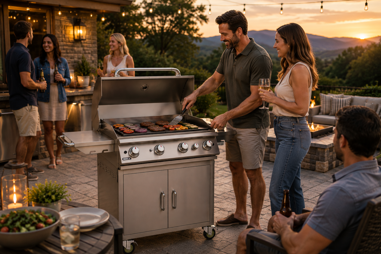 Bull 30-inch griddle complete cart with people gathering and cooking outdoors on a luxury patio at sunset.