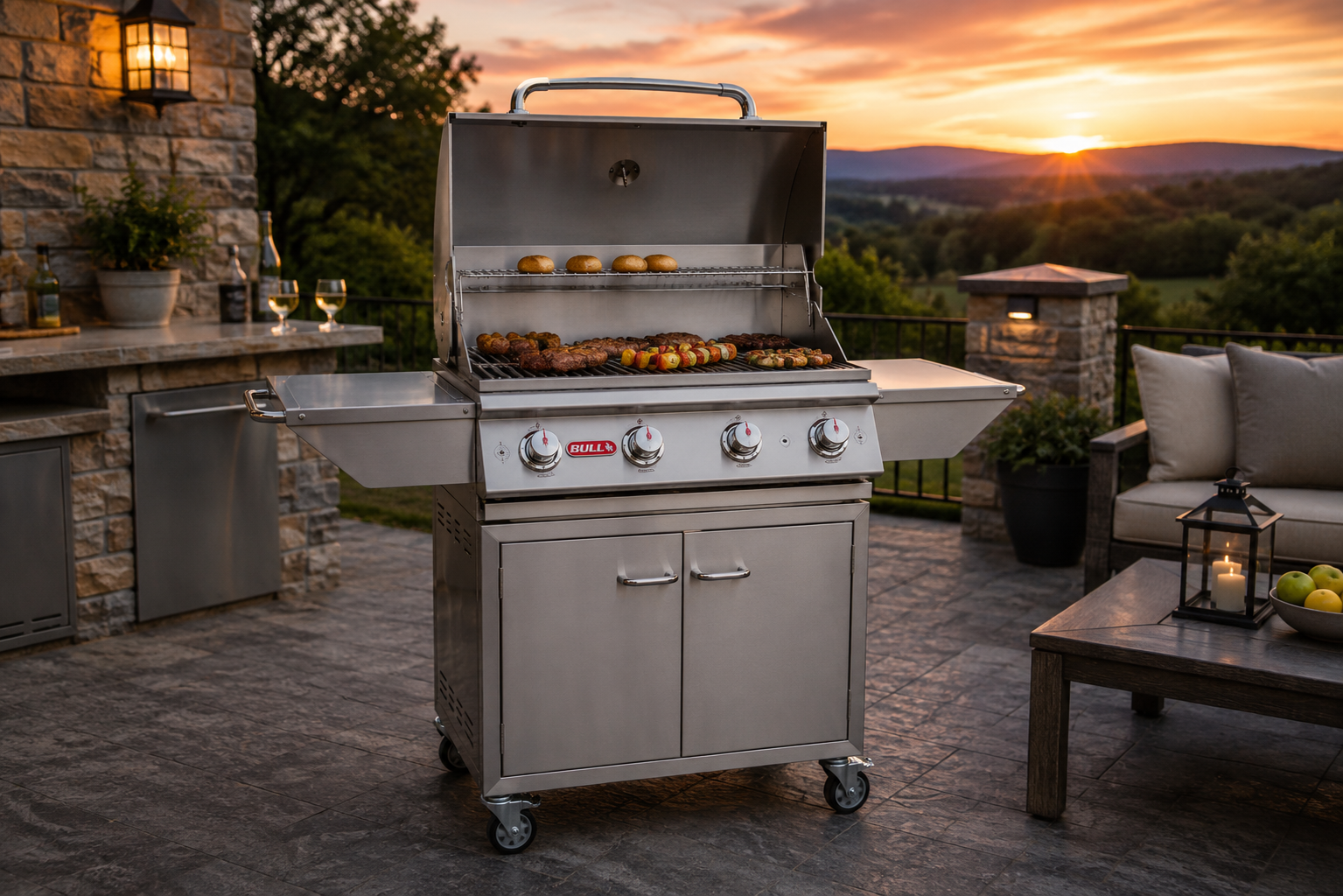 Bull Lonestar Select 4-burner gas grill cooking on an upscale outdoor patio at sunset.