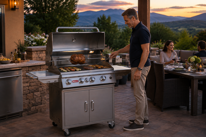 Bull Angus 4-burner grill cooking with rotisserie on a luxury outdoor patio at sunset.