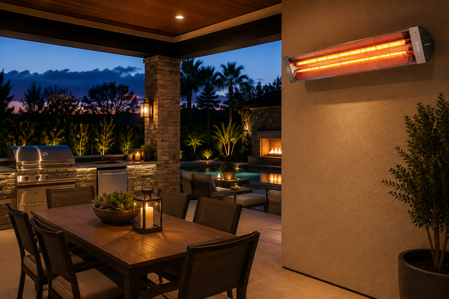 Bromic Cobalt 6000W electric infrared patio heater installed on a covered luxury outdoor patio overlooking an outdoor kitchen, fireplace, and pool at dusk.