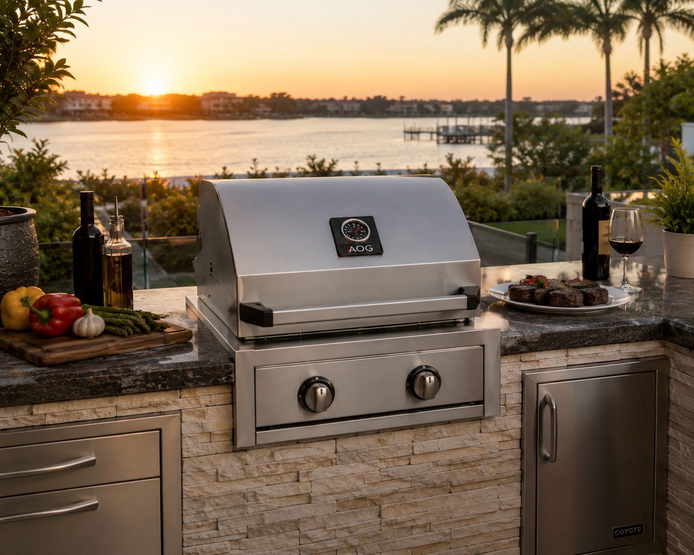 American Outdoor Grill AOG 24-inch T-Series built-in propane grill installed in a luxury outdoor kitchen with stone island, stainless steel cabinetry, and waterfront sunset view