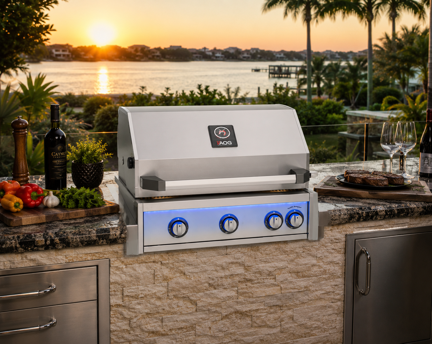 American Outdoor Grill 30-inch L-Series built-in stainless steel gas grill installed in a luxury outdoor kitchen with granite countertops, stone island, LED illuminated control knobs, waterfront sunset view, fresh vegetables, wine, and grilled steaks.