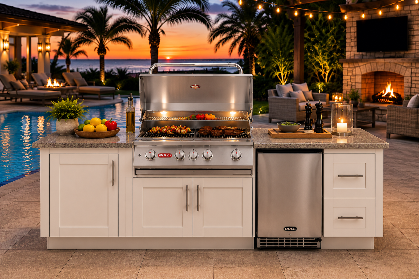 Bull Myrtle Beach DuraBull 8' Outdoor Kitchen Island at sunset beside a luxury pool, featuring a white HDPE marine-grade cabinet base, Coffee Brown granite countertop, Angus 4-burner stainless steel grill, outdoor refrigerator, and coastal resort-inspired entertaining space with fireplace, palm trees, and ambient landscape lighting.