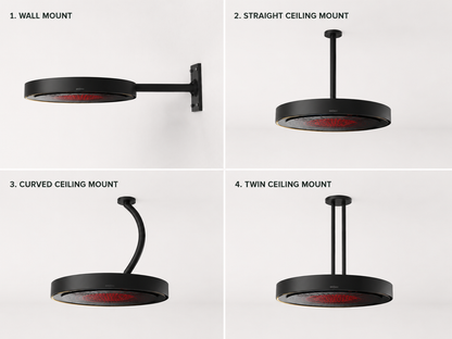 Bromic Eclipse patio heater mounting options including wall mount, straight ceiling mount, curved ceiling mount, and twin ceiling mount configurations in matte black finish.
