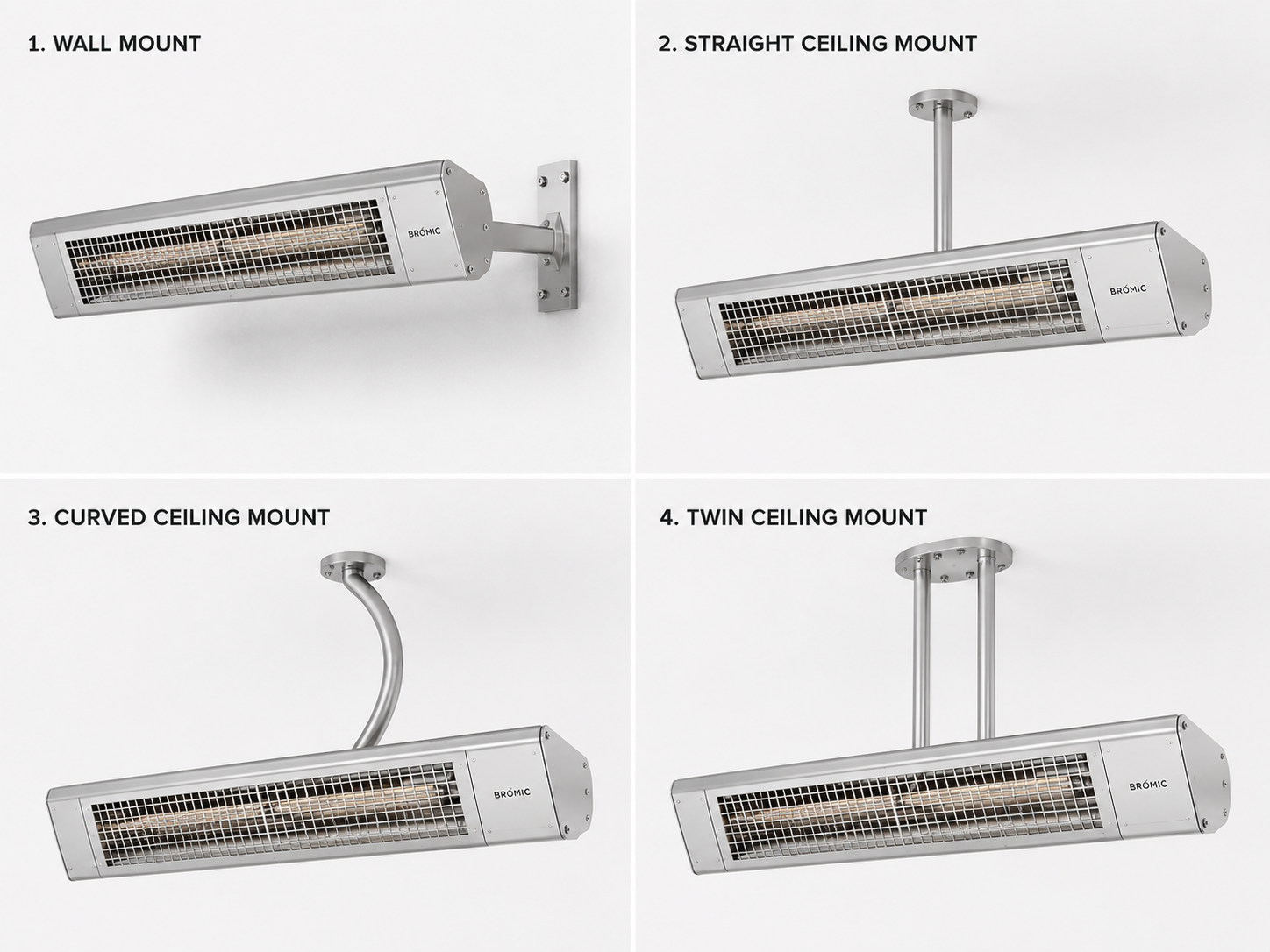 Four different mounting options for a Bromic heater on a white background.