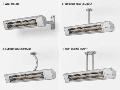 Four different mounting options for a Bromic heater on a white background.