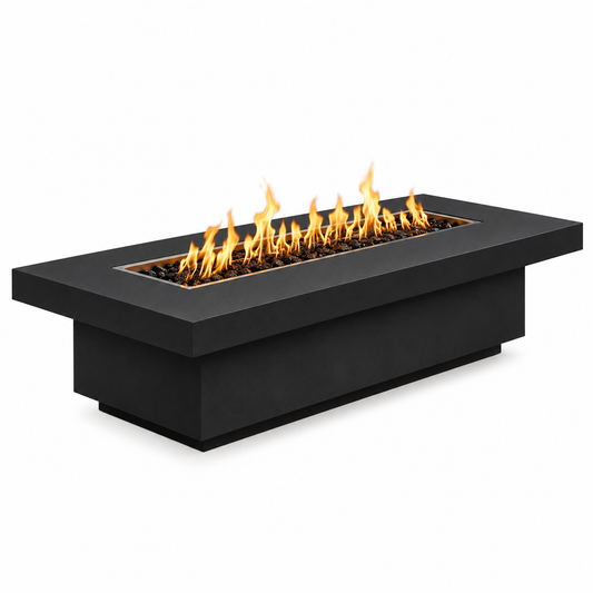 Fremont 15-inch tall linear fire pit in black powder coat with rectangular burner and flames.