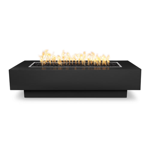 Powder-coated metal fire pit. Modern rectangular design. Weather-resistant finish. Contemporary outdoor entertaining.