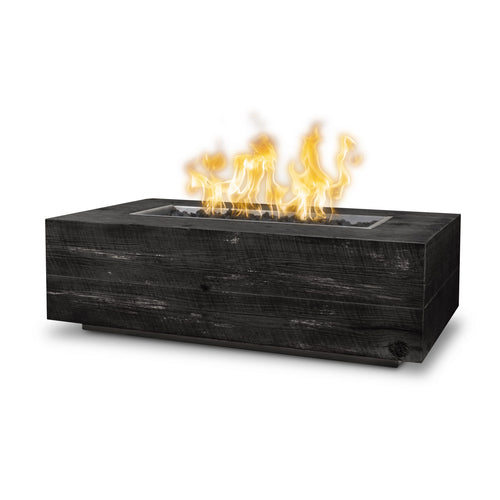 Coronado rectangular GFRC wood grain fire pit in ebony black with active flames over lava rock, modern outdoor fire feature for entertaining