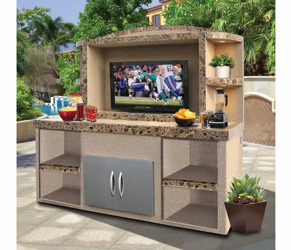 Cal Flame ODC-2 Crystal Outdoor Entertainment Center with built-in TV, open shelving, and stone-look finish in a patio setting