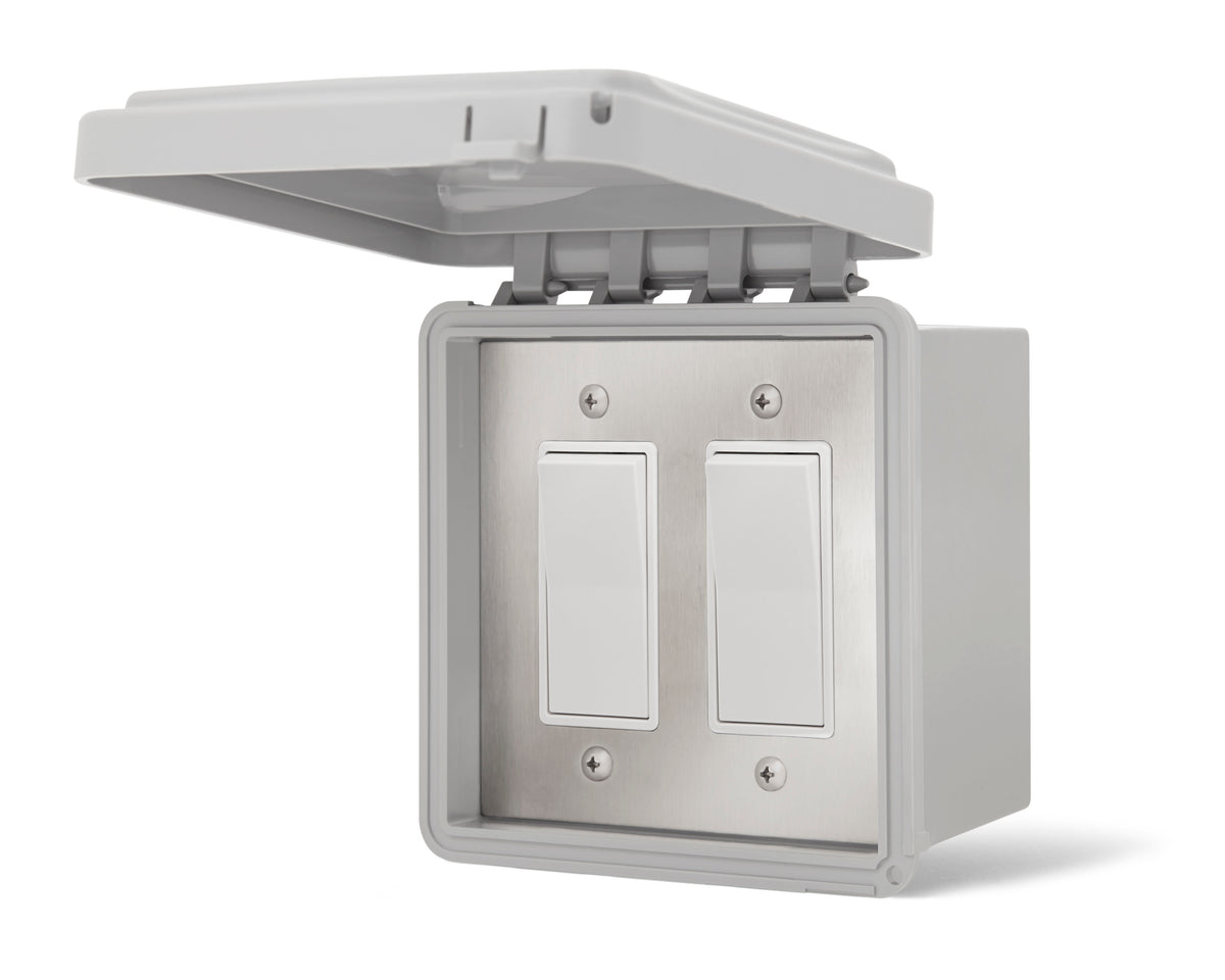 Infratech 14-4405 dual stainless steel Surface Mount wall switch with weatherproof outdoor cover, open, front view