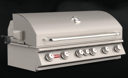 Bull 46" Diablo 6-burner drop-in grill with lid closed, featuring a sleek dual-lined stainless steel hood, heavy-duty thermometer, and professional built-in design for luxury outdoor kitchens.