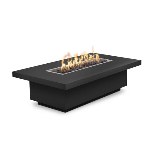 Fremont 48-inch powder-coated metal fire pit with active flames, showing modern rectangular design in luxury outdoor patio setting