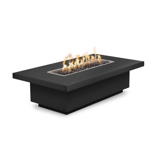 Fremont 48-inch powder-coated metal fire pit with active flames, showing modern rectangular design in luxury outdoor patio setting