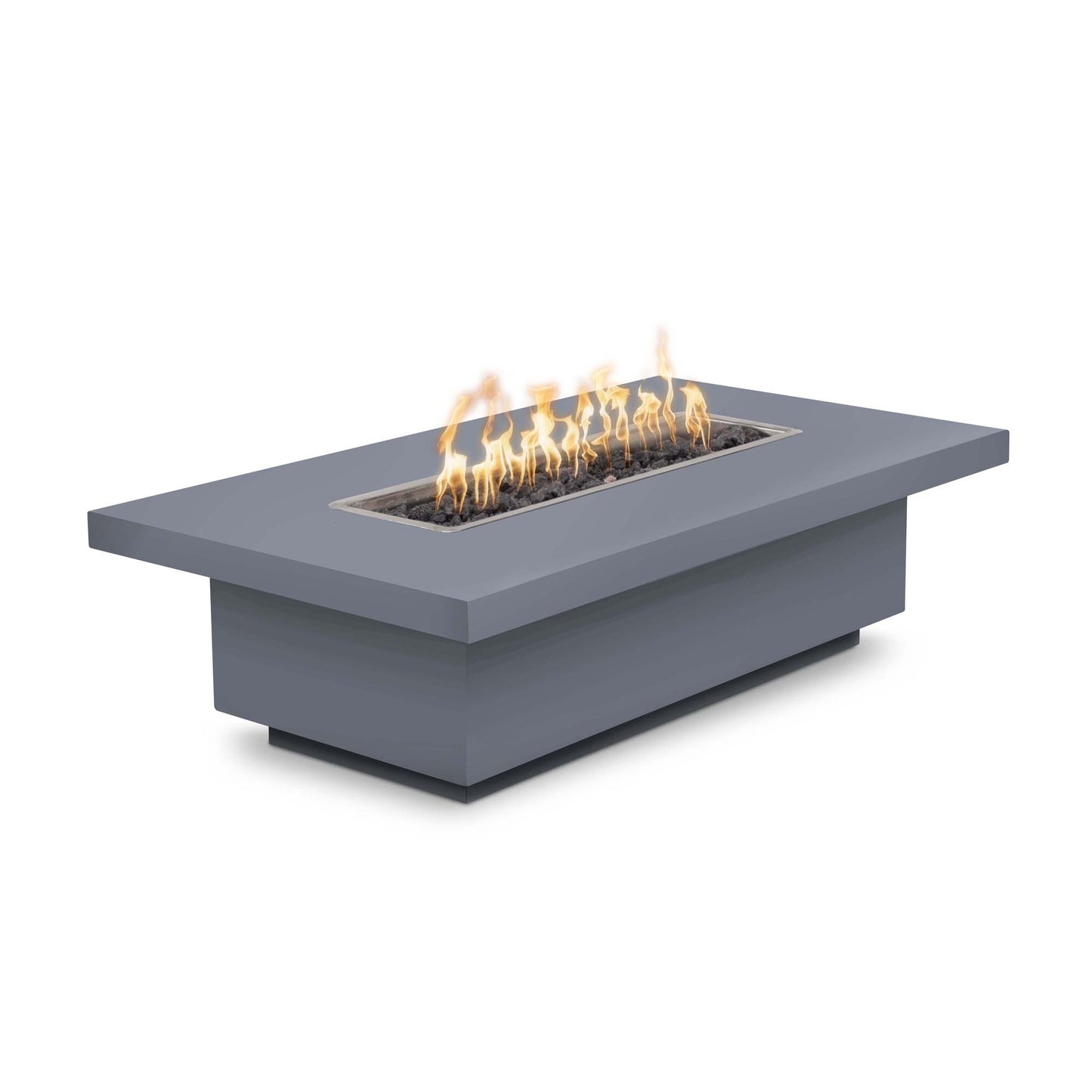 Fremont fire pit with flames burning - powder-coated steel construction featuring integrated flame feature for outdoor entertaining