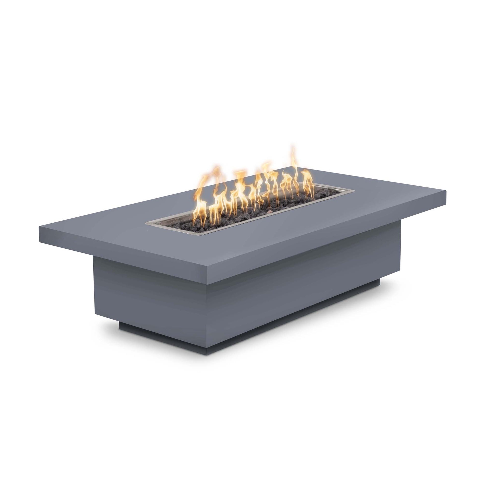 Fremont fire pit with flames burning - powder-coated steel construction featuring integrated flame feature for outdoor entertaining
