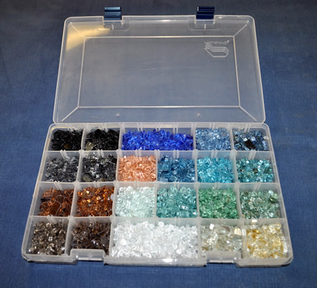 Sample kit box containing assorted fire pit glass colors for selection and comparison.