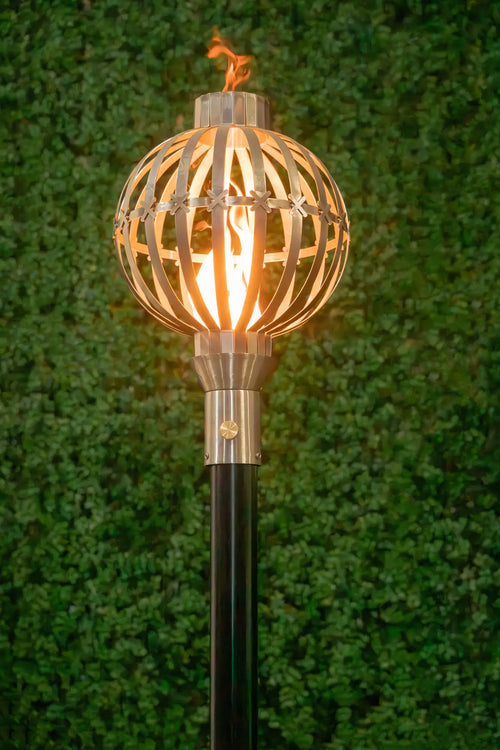 Globe Fire Torch detail showing stainless steel finish and craftsmanship