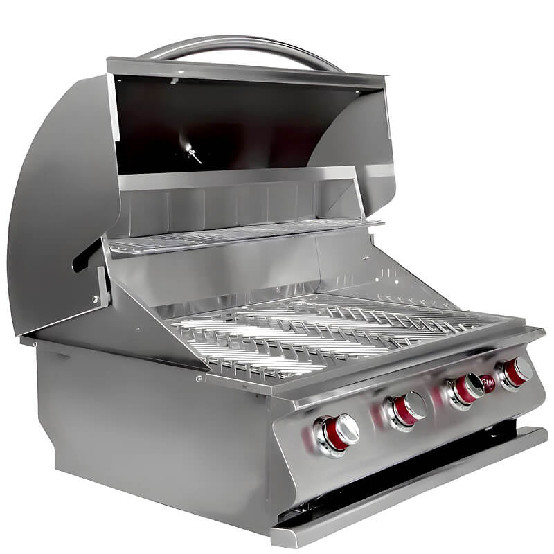 Cal Flame G4 built-in grill with stainless steel hood, angled view with cover open