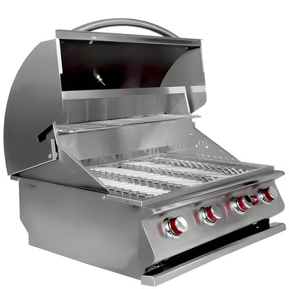 Cal Flame G4 built-in grill with stainless steel hood, angled view with cover open