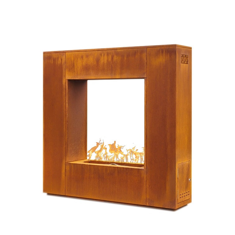 Gold-black pinnacle fireplace, corten steel, powder coat that lasts forever