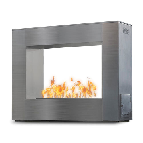 The Williams Fireplace in premium stainless steel with flames, gleaming finish for luxury outdoor entertaining