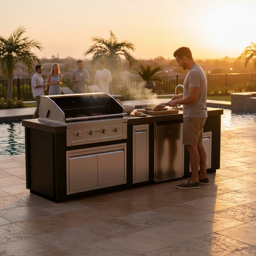 Videl 1121 outdoor kitchen built in stainless steel grill wine fridge luxury  set on backyard patio dining