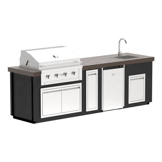 Gold-black Pinnacle outdoor kitchen built in stainless steel grill wine fridge luxury patio dining