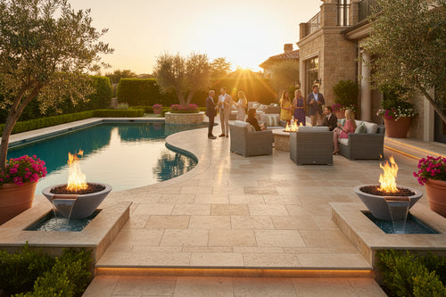 Cazo fire and water bowl GFRC concrete dual-purpose modern fire and water bowls, sunset ambiance, and outdoor lounge seating.