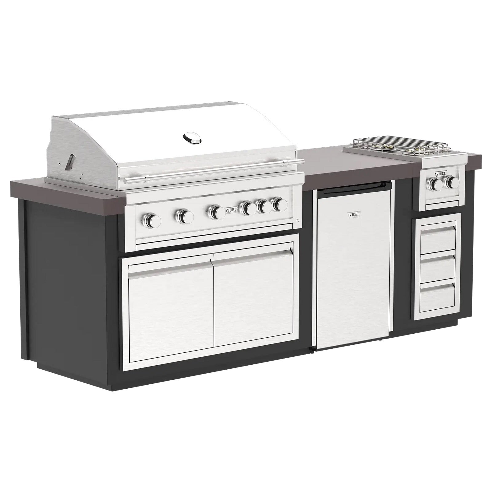 Gold-black Pinnacle outdoor kitchen built in stainless steel grill wine fridge luxury patio dining