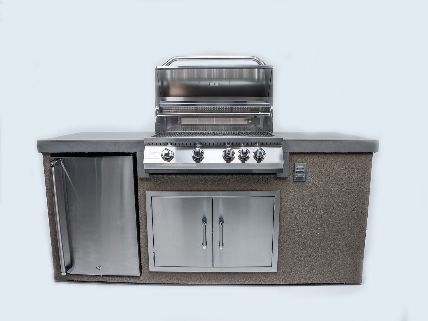 Gold-black Pinnacle outdoor kitchen built in stainless steel grill wine fridge luxury patio dining
