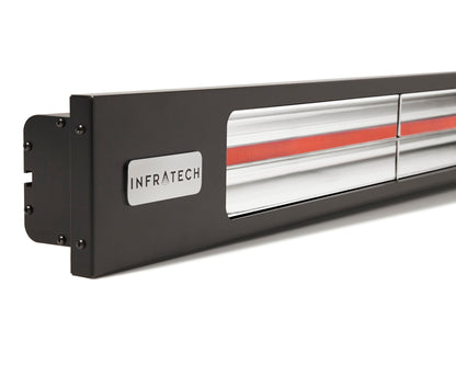 Close-up of Infratech black infrared patio heater end cap with logo badge and mounting hardware