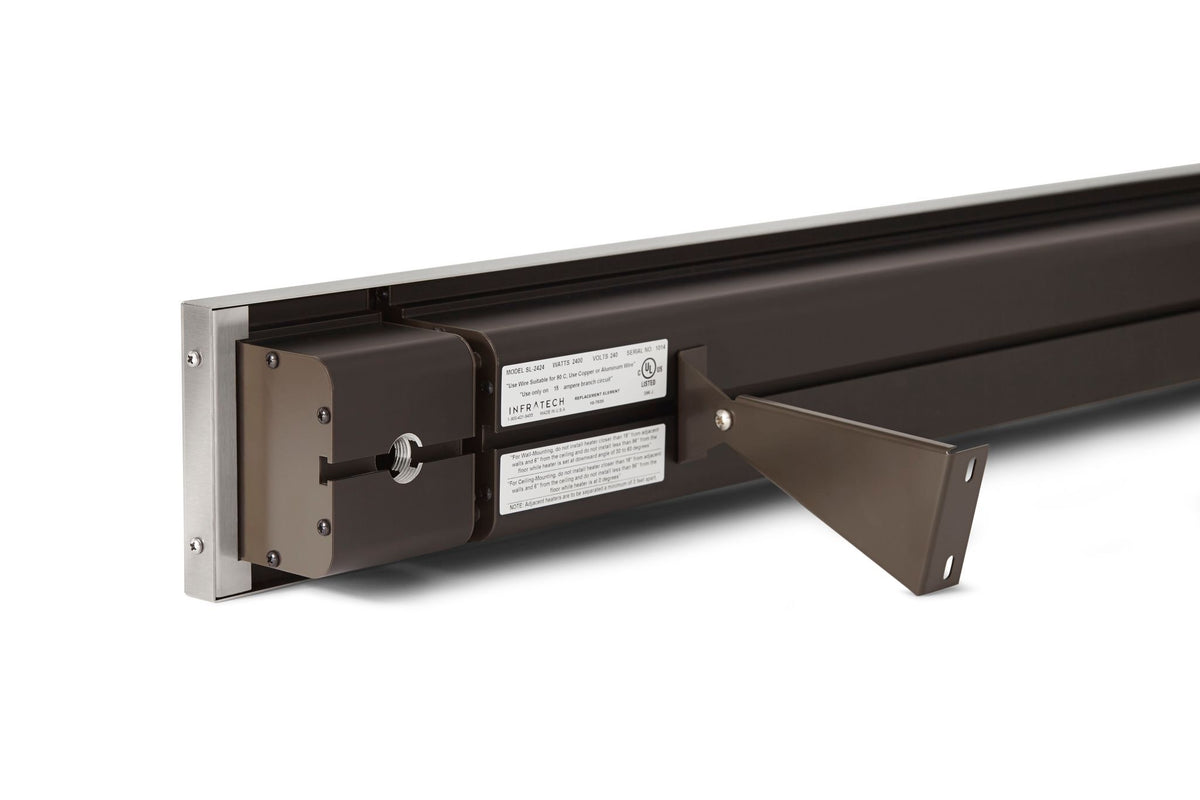 Back view of Infratech SL Series bronze infrared patio heater showing wiring compartment and mounting arm