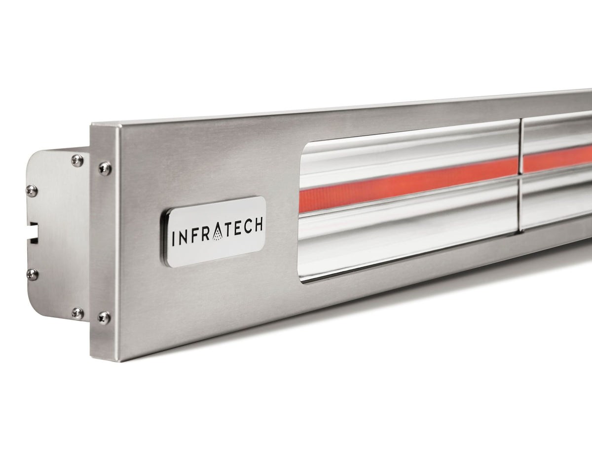 Close-up of Infratech stainless steel infrared patio heater end cap with logo badge and mounting hardware