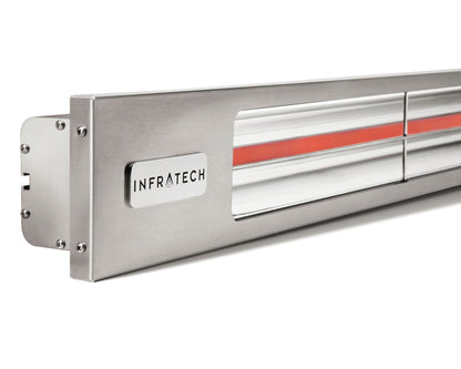 Close-up of Infratech stainless steel infrared patio heater end cap with logo badge and mounting hardware