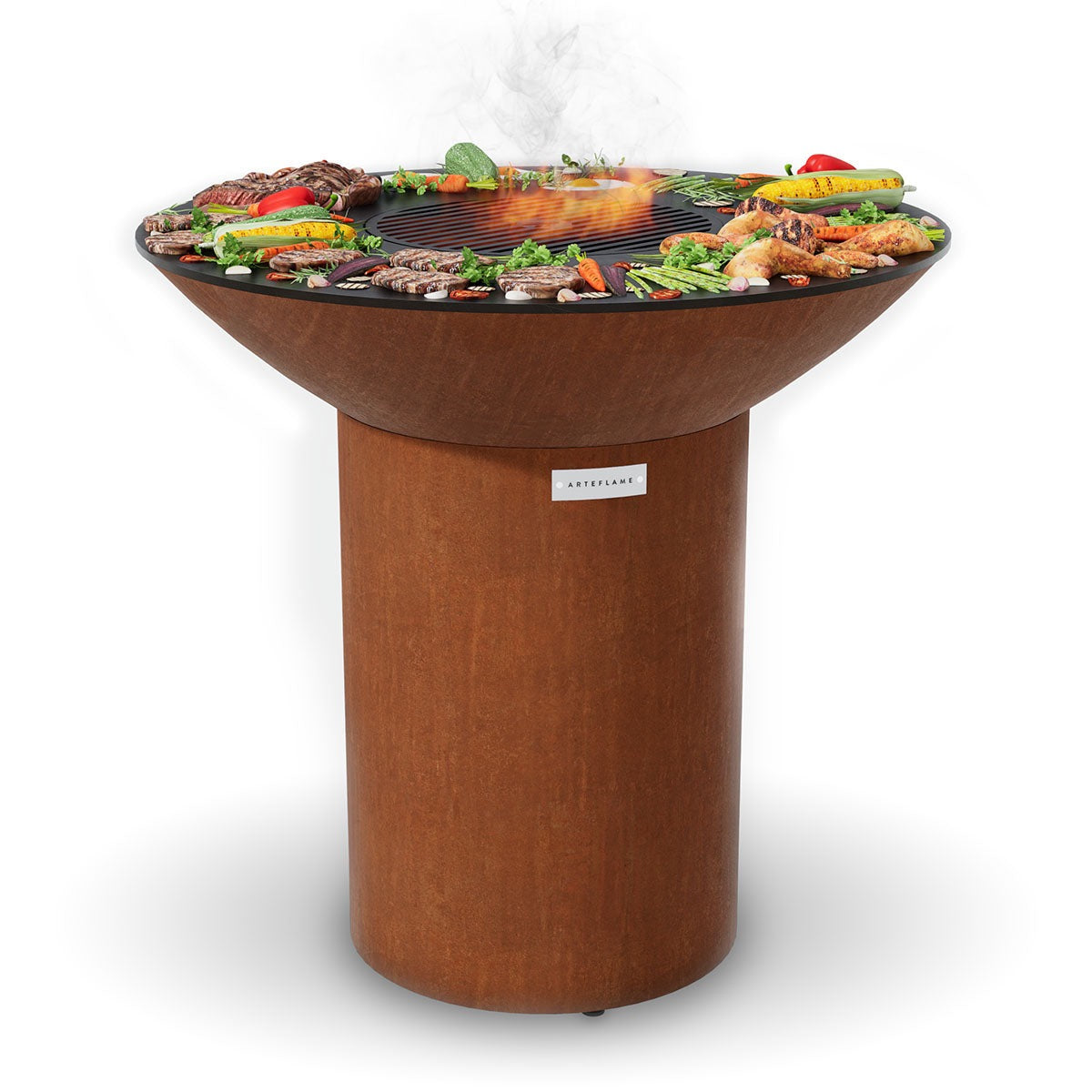 Arteflame Classic 40″ — Round Base Flat Top Grill & Fire Bowl (Corten Steel)