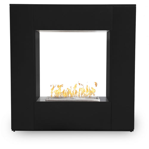 The Williams Fireplace in metal powder coat finish with active flames, contemporary design in luxury outdoor setting