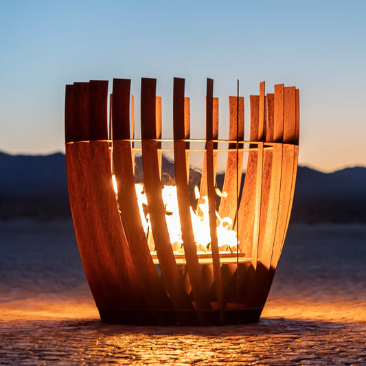 Gold-black Pinnacle fire sculpture matte steel with razor gold lip sleek modern fire sculpture