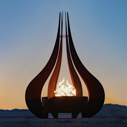 Gold-black Pinnacle fire sculpture matte steel with razor gold lip sleek modern fire sculpture
