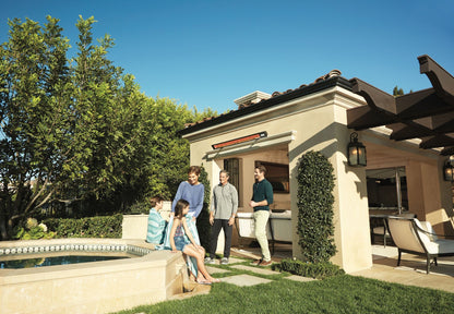 Infratech slim line infrared patio heater mounted under a covered patio, with family gathered poolside
