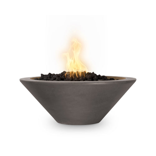 Cazo Fire Bowl in GFRC concrete with active flames, sculptural design in luxury outdoor setting