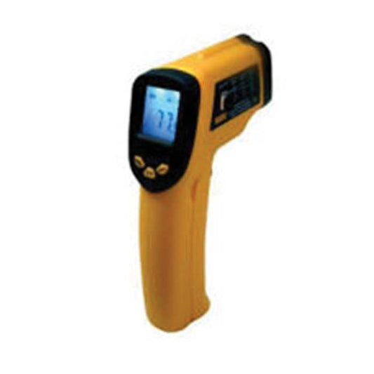 Handheld infrared thermometer measuring the surface temperature of a pizza oven.